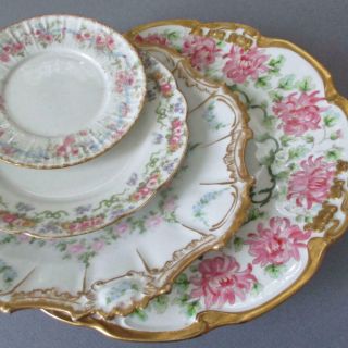 4 Antique French Limoges Porcelain Plates Pink Roses Mums Bows Swags Gilt Trim