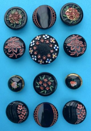 12 Vintage Black Glass Buttons With Red Enamel,  13mm,  To 23mm
