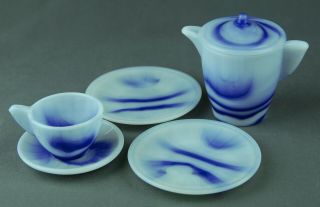 Vintage Akro Agate Blue White Swirl Interior Panel Small Child’s Dishes Tea Pot