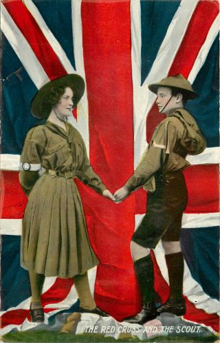 Vintage Postcard Boy Scout And Red Cross Shake Hands In Front Of British Flag