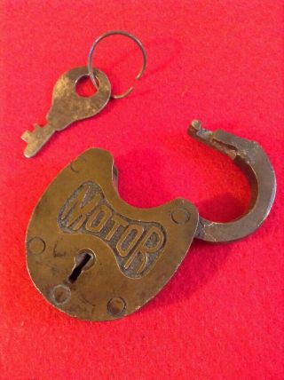 Vintage Antique Metal/ Brass Lock Padlock W/ Key - Motor