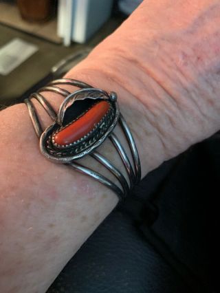 Vintage Old Native American Sterling Coral Cuff Bracelet