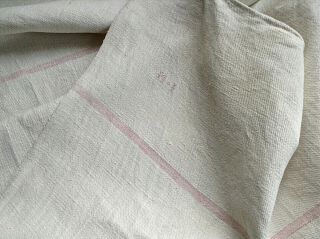 Antique French Homespun Linen Pink Stripe Bath Towel Tablecloth Yardage 37x66 "