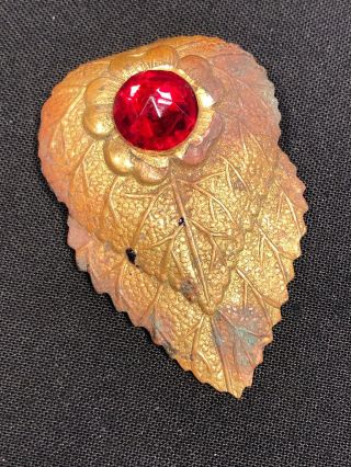 Vintage Antique Leaf Cluster Dress Clip Gold Tone Glass Red Stone 2x 1 1/4