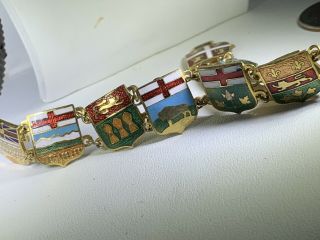 Vintage Canada Provinces Coat Of Arms Enamel On Metal Crest Panel Link Bracelet