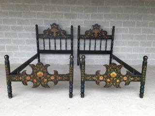 Antique Paint Decorated Bavarian Style Twin Poster Beds - A Pair