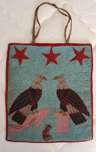 Antique Native American Pictoral Eagles & Mouse Plateau Beaded Bag Purse Early