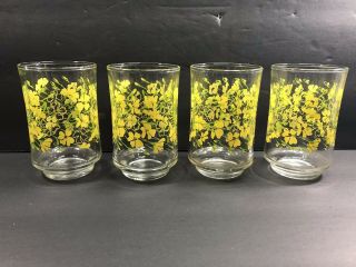 Four Vintage Juice Glasses Yellow Flowers