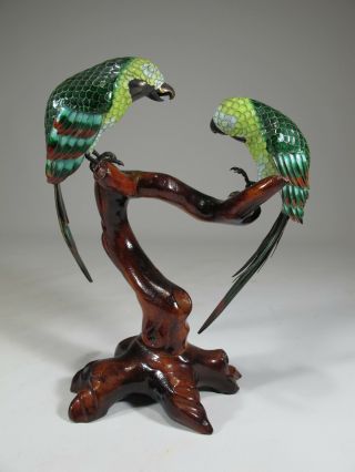 Antique Chinese Export Silver,  Jade & Enamel Parrots Cs65