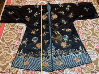 Antique Chinese Qing Dynasty Hand Embroidery Robe Chest 60” Length 45” Dark Blue