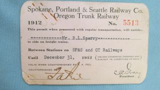 1912 Spokane Portland & Seattle Railway Oregon Trunk Railway Hard Stock Pass