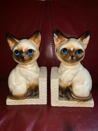 Vintage Siamese Cats Kittens Bookends Set Ceramic Seal Point Made In Japan 7 "