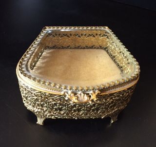Vintage Gold Filigree Ormolu Jewelry Casket Box Hollywood Regency 1960s