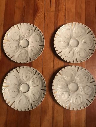 Vintage Isco Japan Oyster Plates Set Of 4 Gold/ivory Great Retro Item