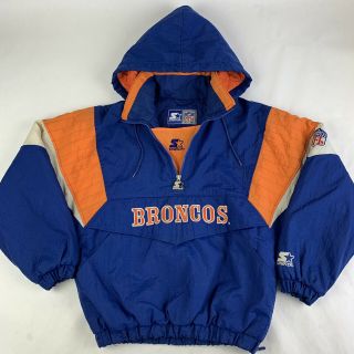 Vtg 90s Denver Broncos Nfl Starter Pullover Jacket Boys Youth Large Hood