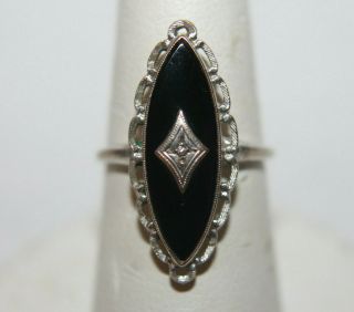 Gorgeous Vintage Antique Art Deco Nouveau Diamond Black Onyx 10k White Gold Ring