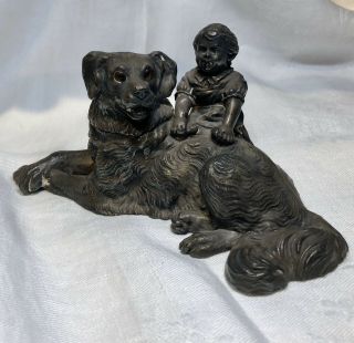 Antique Child & Dog Inkwell Wilcox Silverplate Ink Well Desk Stand Glass Eyes