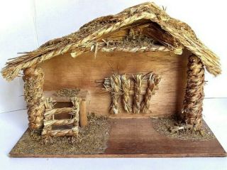 Vtg Creche Nativity Manger Stable Only Wood Moss Straw Christmas 15 " X 10 " X 6 "