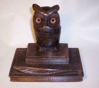 Antique Vintage Black Forest Wooden Desktop Owl Figure Inkwell Glass Eyes