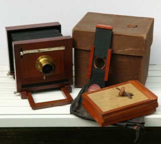 Antique 1883 Wood & Brass Camera W 3 Film Holders Guillotine Shutter & Case