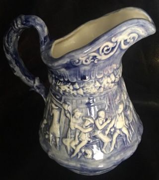 Vintage Blue/white Ceramic Pitcher - Signed Tavern Horse Scene