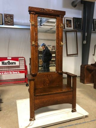 Antique Hall Seat Coat Tree Stand W/ Mirror Storage Bench