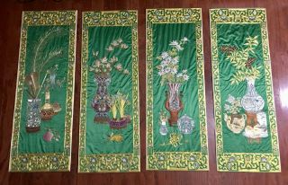 Four Chinese Embroidery Forbidden Stitch Panels Textiles