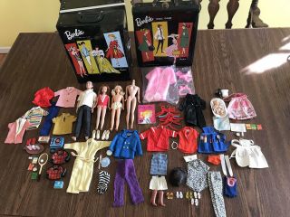 Vintage 1961 Barbie Black Cases With Dolls,  Clothes And Accessories