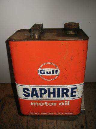 Vintage Gulf Saphire 2 Gallon Metal Orange Motor Oil Can