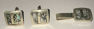 Vintage Set Of Sterling Silver Mother Of Pearl Cufflinks & Money Clip