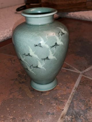 Vintage Korean Celadon Crane Vase 6 1/2 " Green Crackle Glaze - Marked