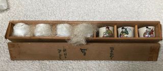 7 Vintage Japanese Small Sake Cups,  Hand Painted - In Wood Box W/writing
