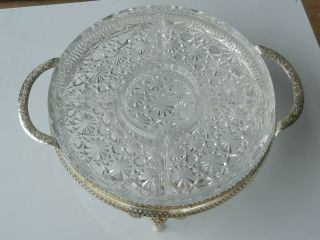 Round Serving Platter Crystal Clear Glass Silver Plate Nut Relish Vintage