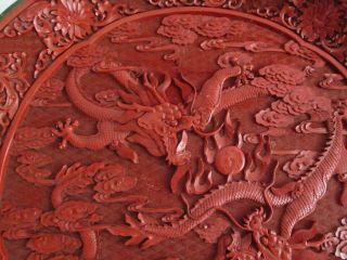 VINTAGE FINE OLD CHINESE CINNABAR CARVED IMPERIAL DRAGON 15 INCH CHARGER PLATE 3