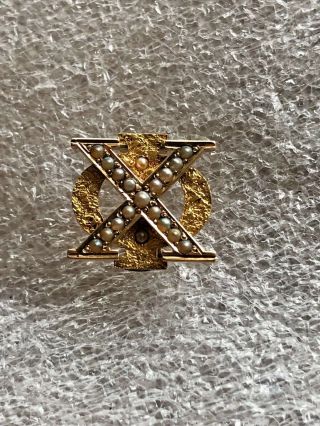 Antique 14k Solid Gold Scrolled Chi Phi Fraternity Pin Badge W/seed Pearls`