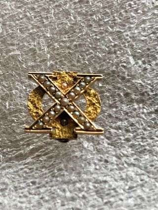 Antique 14K Solid Gold Scrolled Chi Phi Fraternity Pin Badge w/Seed Pearls` 2