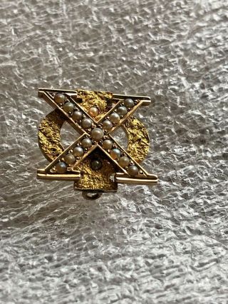 Antique 14K Solid Gold Scrolled Chi Phi Fraternity Pin Badge w/Seed Pearls` 3