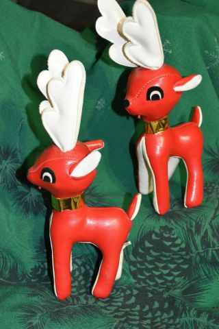 2 Vintage Red & White Deer,  Vinyl Stuffed,  Made In Taiwan,  10.  5 " Tall