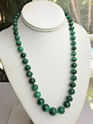 Vintage Top Quality Natural Green Malachite Graduated Beaded Necklace 100.  1 G