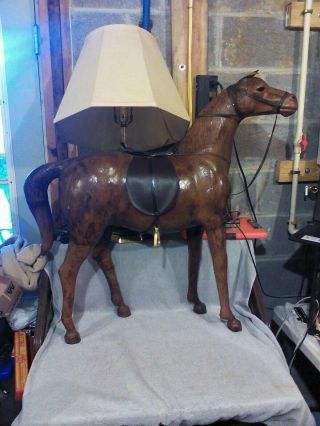 Vintage Leather Horse Figurine 34 " Tall Equestrian Brown Hand Crafted Statue