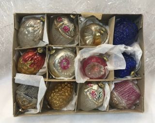 12 Vintage Japan Miniature Feather Tree Glass Christmas Ornaments Fruit