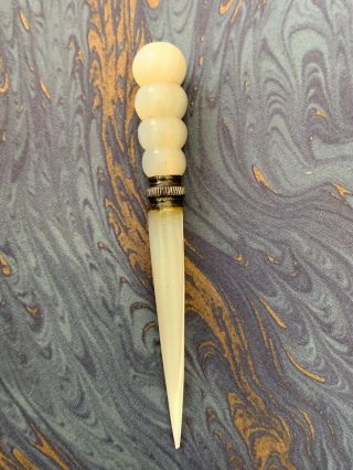 Antique French Palais Royal Mother Of Pearl Stiletto With Silver Band C.  1830