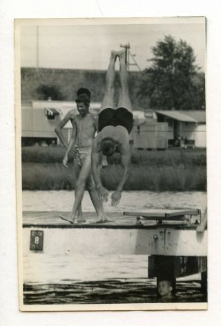 2 Vintage Photo Swimsuit Boys Man At Camp Mid Dive Beach Diving Pier Snapshot
