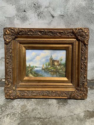 10.  5”x12.  5” Antique Style Framed Oil Painting Of European City River