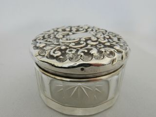 Antique Victorian Art Nouveau 1901 Sterling Silver Cut Glass Jar Bottle Vanity