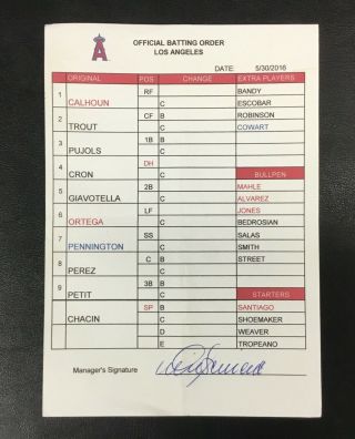 2016 Mike Scioscia Los Angeles Angels Game Umpire Lineup Card Auto Signed