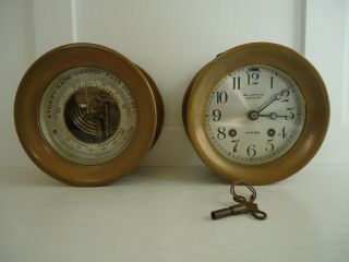 Chelsea Ships Bell Clock 4.  5 " Model And Barometer Thermometer,  Antique,  Rare