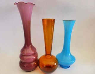 Three Vintage Mid Century Modern Cased Glass Bud Vases,  Blue,  Purple & Brown