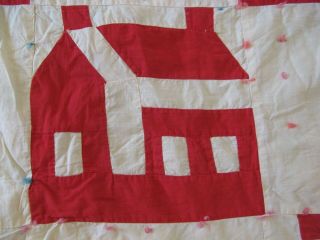 Vintage Hand Tied Red & White House Pattern Garden Quilt,  Needs Tlc