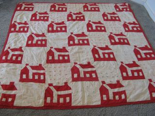 Vintage Hand Tied Red & White House Pattern Garden Quilt,  Needs TLC 2